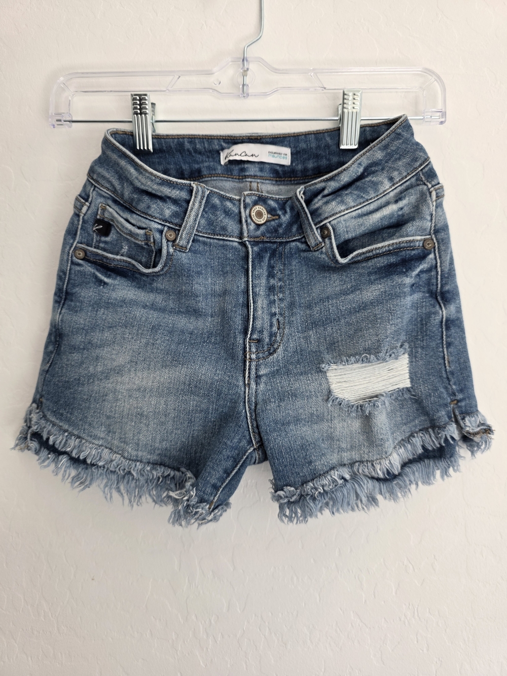 KanCan Distressed Medium Blue Frayed Denim Shorts